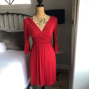 Max Studio | Ruched Bell Sleeve V Neck Red Dress